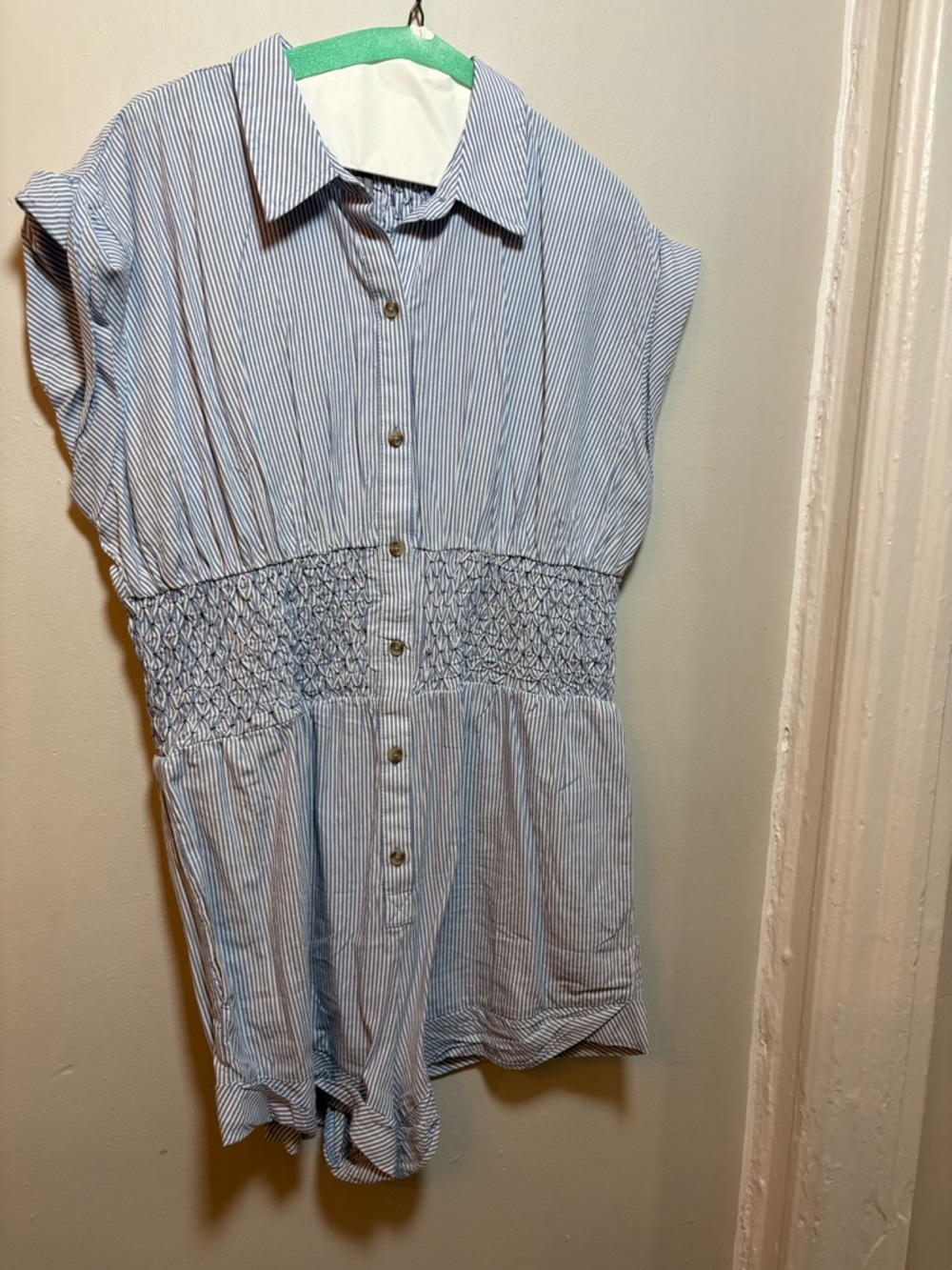 Anthropologie Light Blue & White Striped Smocked-Waist Button Front Tunic